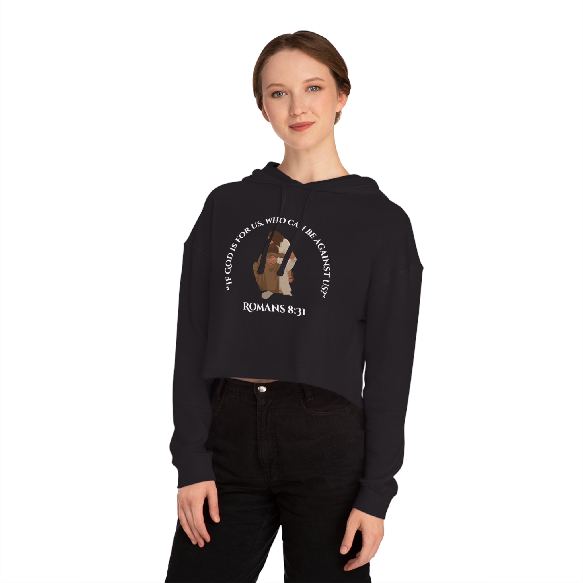 Cropped Hoodie — "If God Is For Us" Romans 8:31 Camouflage Christian Crop Top