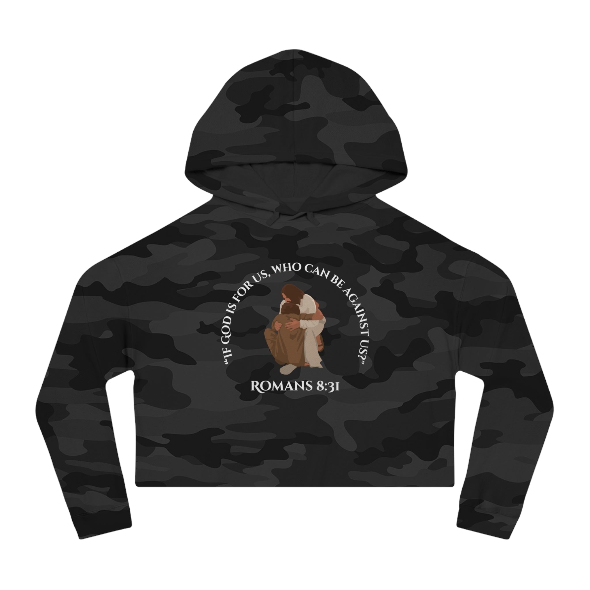 Cropped Hoodie — "If God Is For Us" Romans 8:31 Camouflage Christian Crop Top