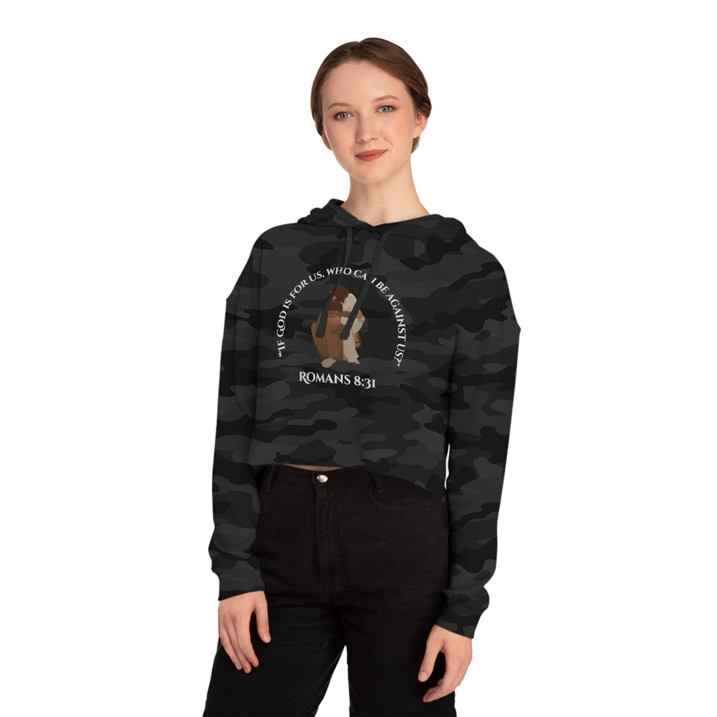 Cropped Hoodie — "If God Is For Us" Romans 8:31 Camouflage Christian Crop Top