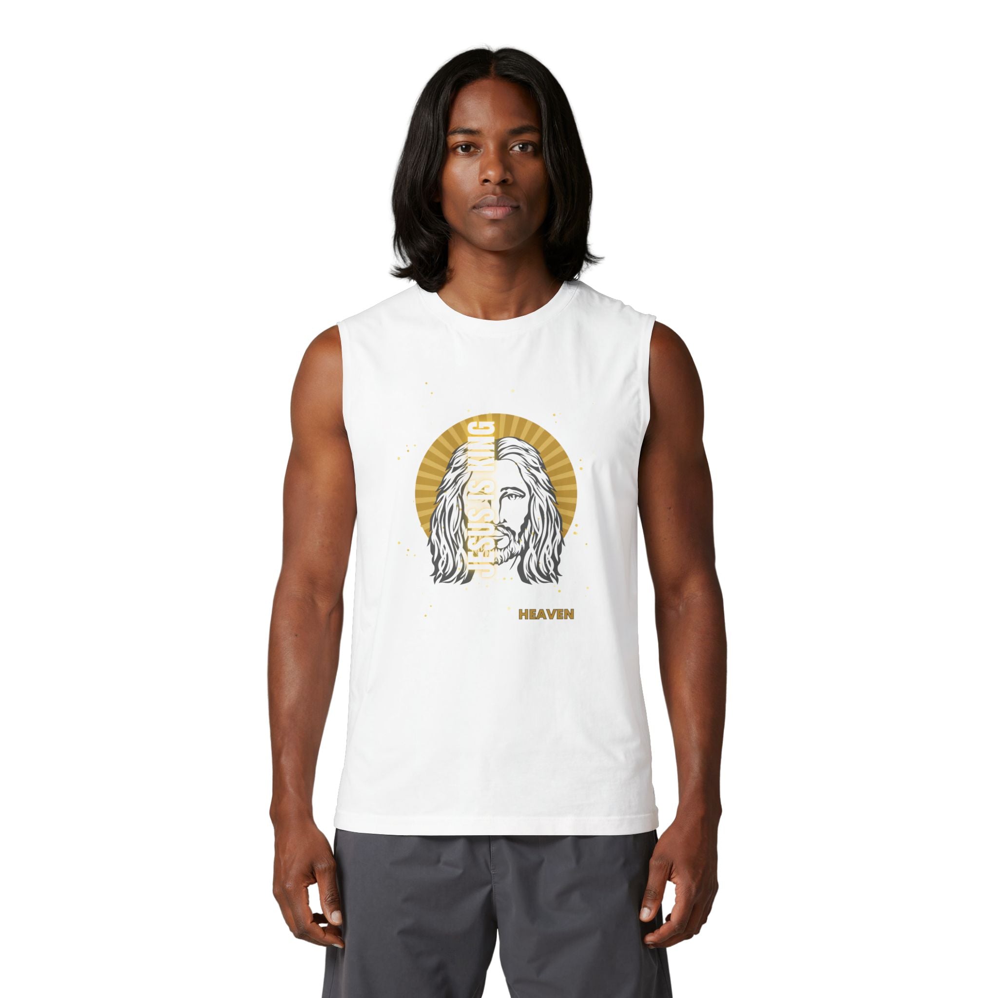 Heaven Graphic Muscle Tank — Retro Jesus Halo Illustration Tank Top