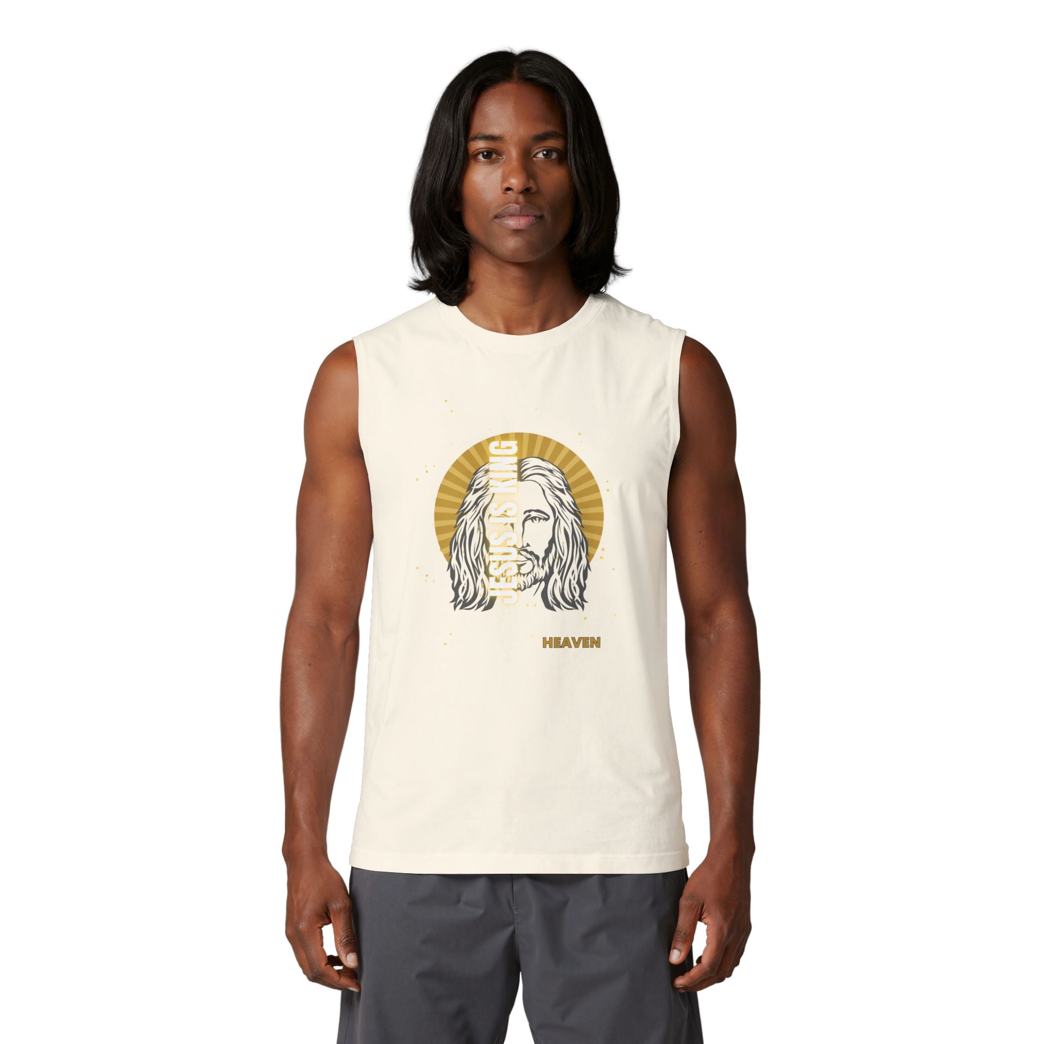 Heaven Graphic Muscle Tank — Retro Jesus Halo Illustration Tank Top