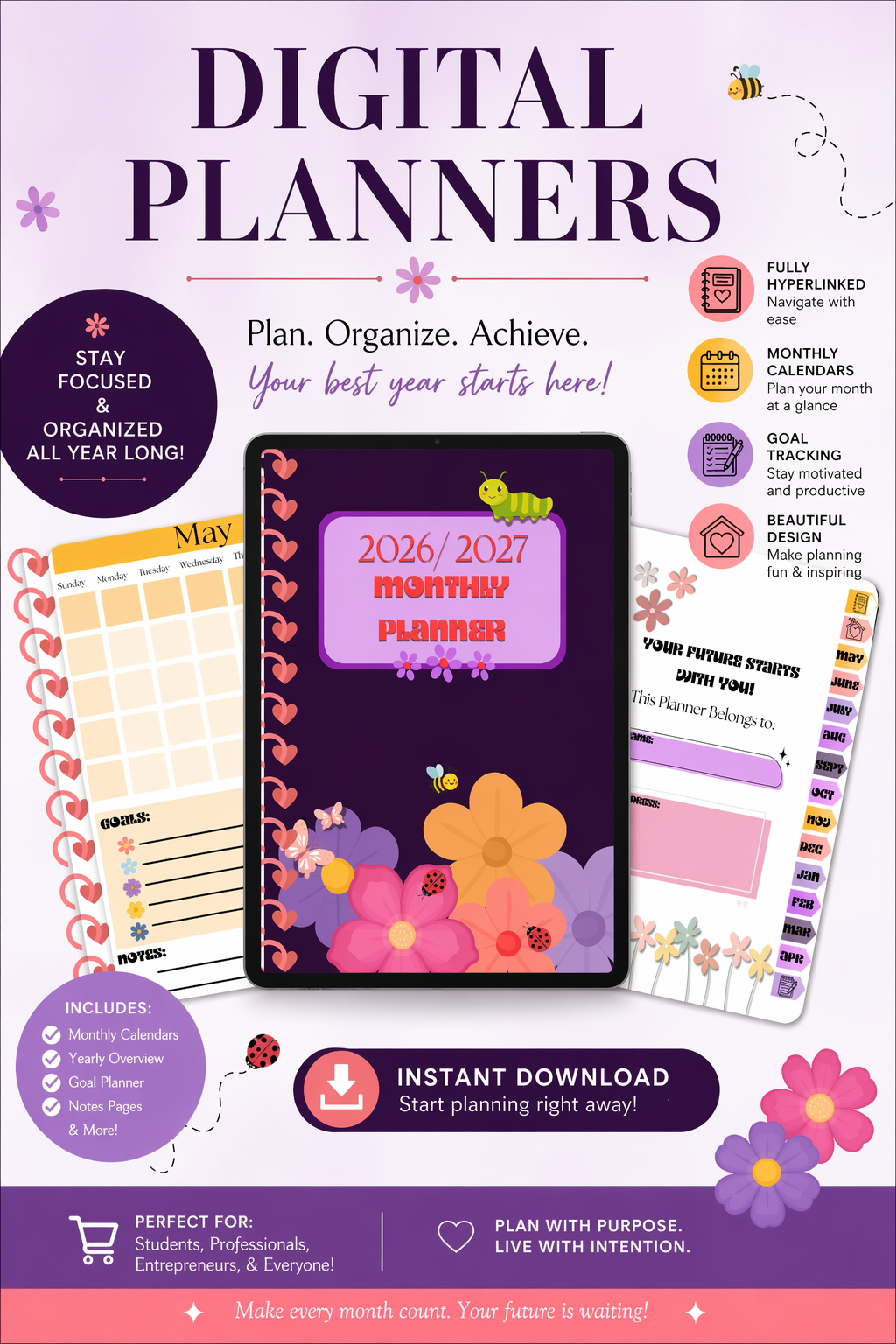2026–2027 Purple Floral Monthly Planner | Digital Download