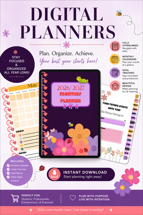2026–2027 Purple Floral Monthly Planner | Digital Download