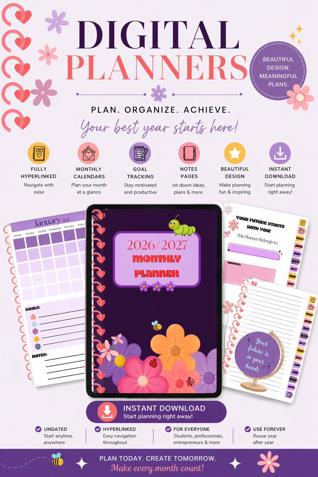 2026–2027 Purple Floral Monthly Planner | Digital Download