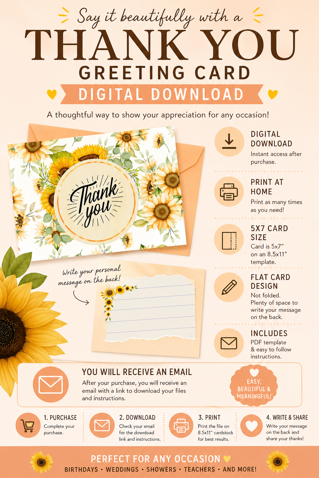Sunflower Thank You Card Bundle – Set of 10 | Printable PDF