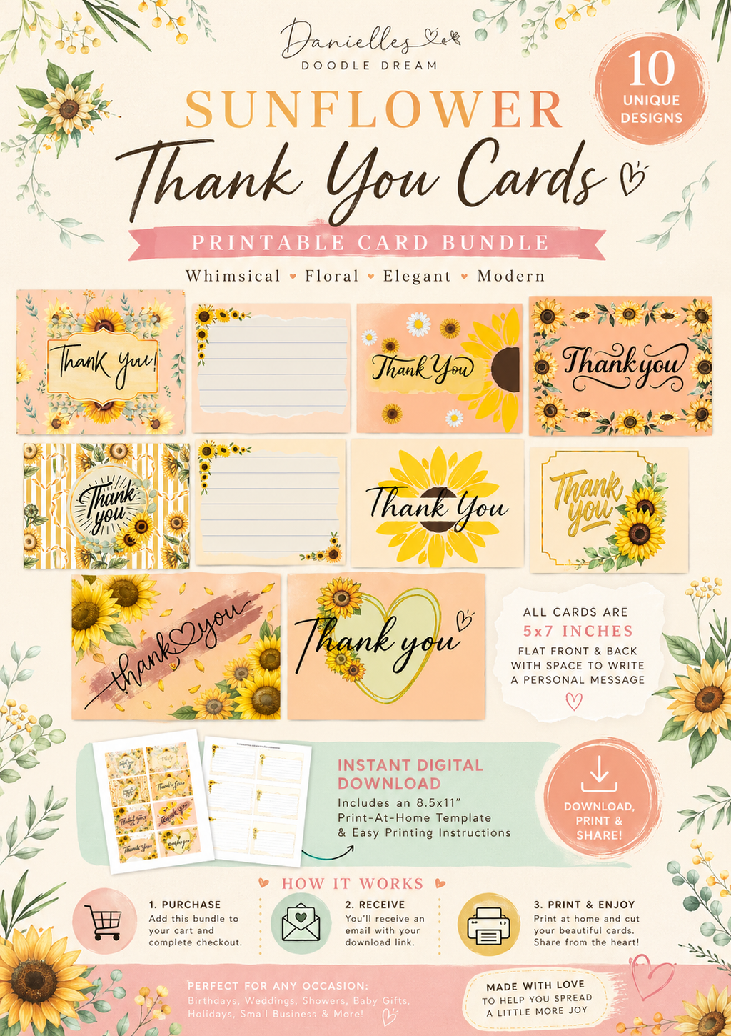 Sunflower Thank You Card Bundle – Set of 10 | Printable PDF