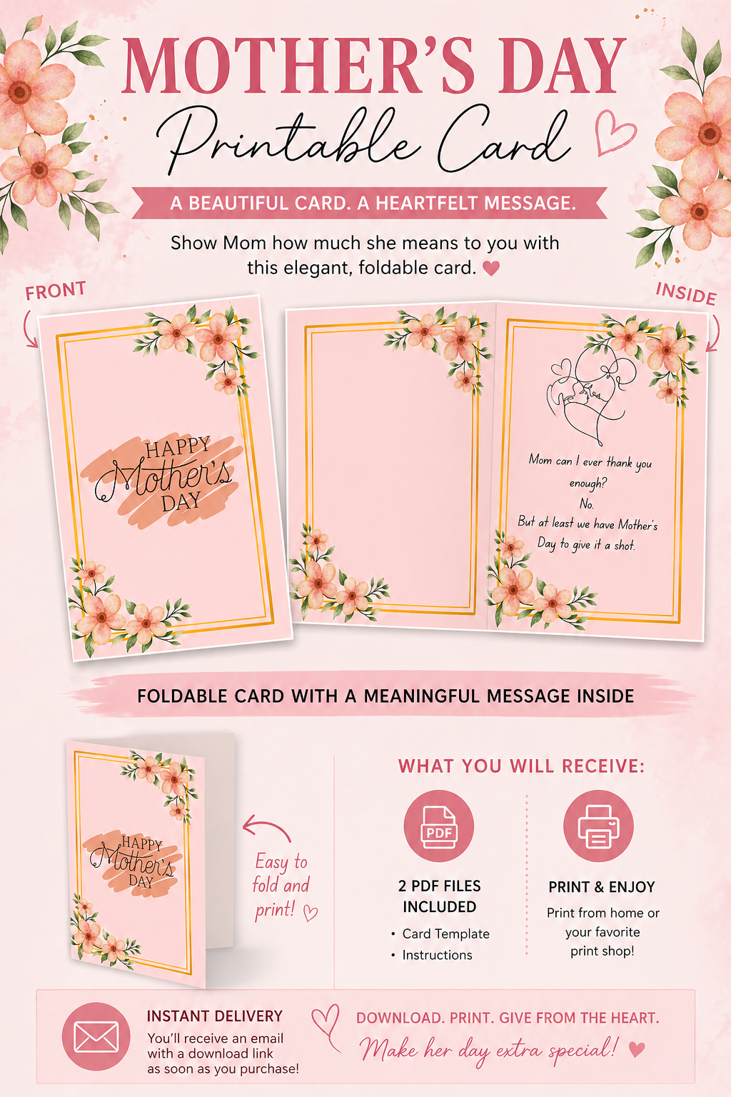 Mother's day Card Digital download, Printable