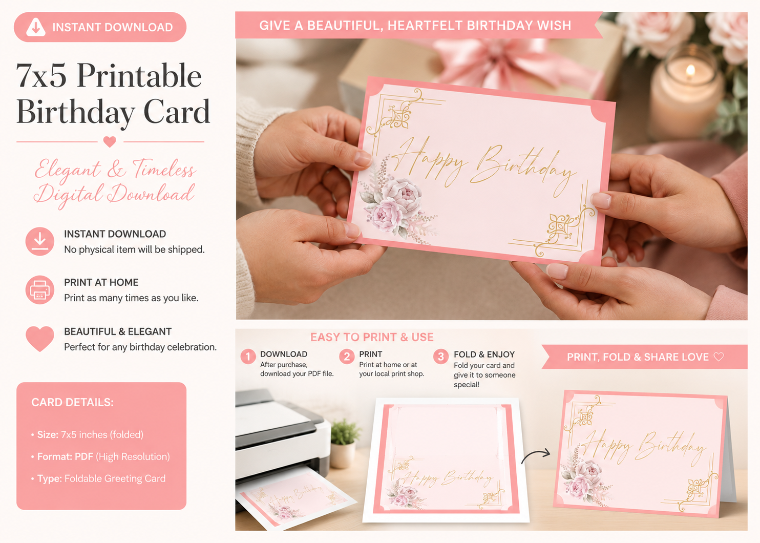Elegant Pink Floral Birthday Card