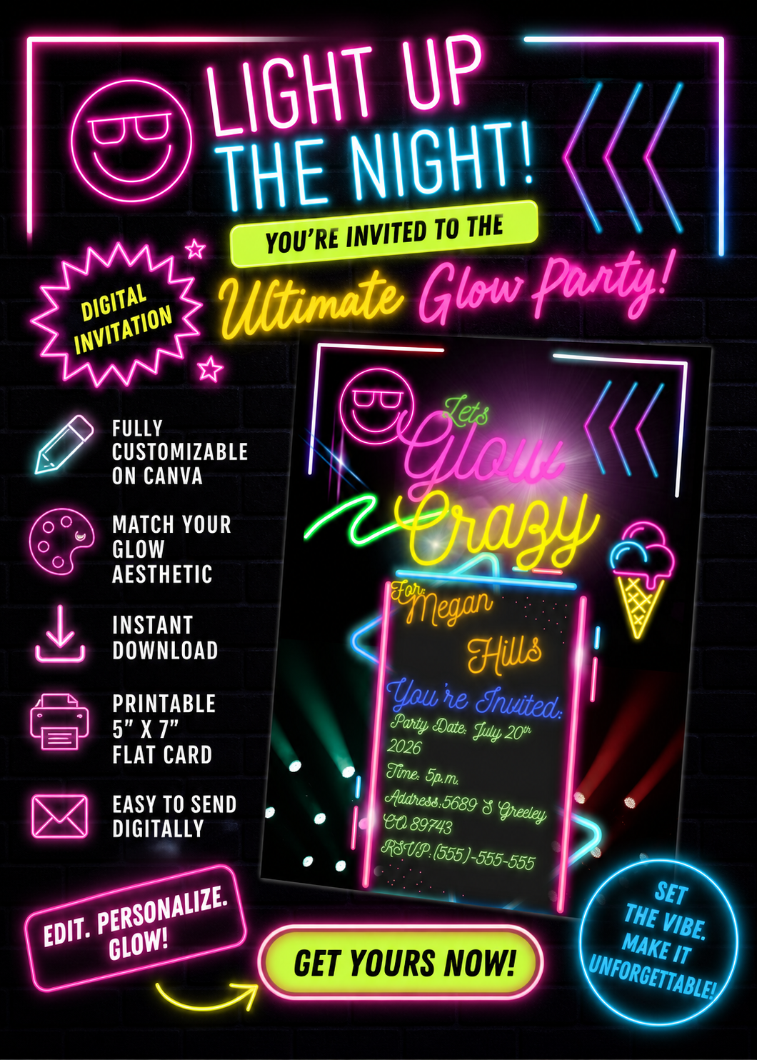 Let's Glow Crazy Party Invitations