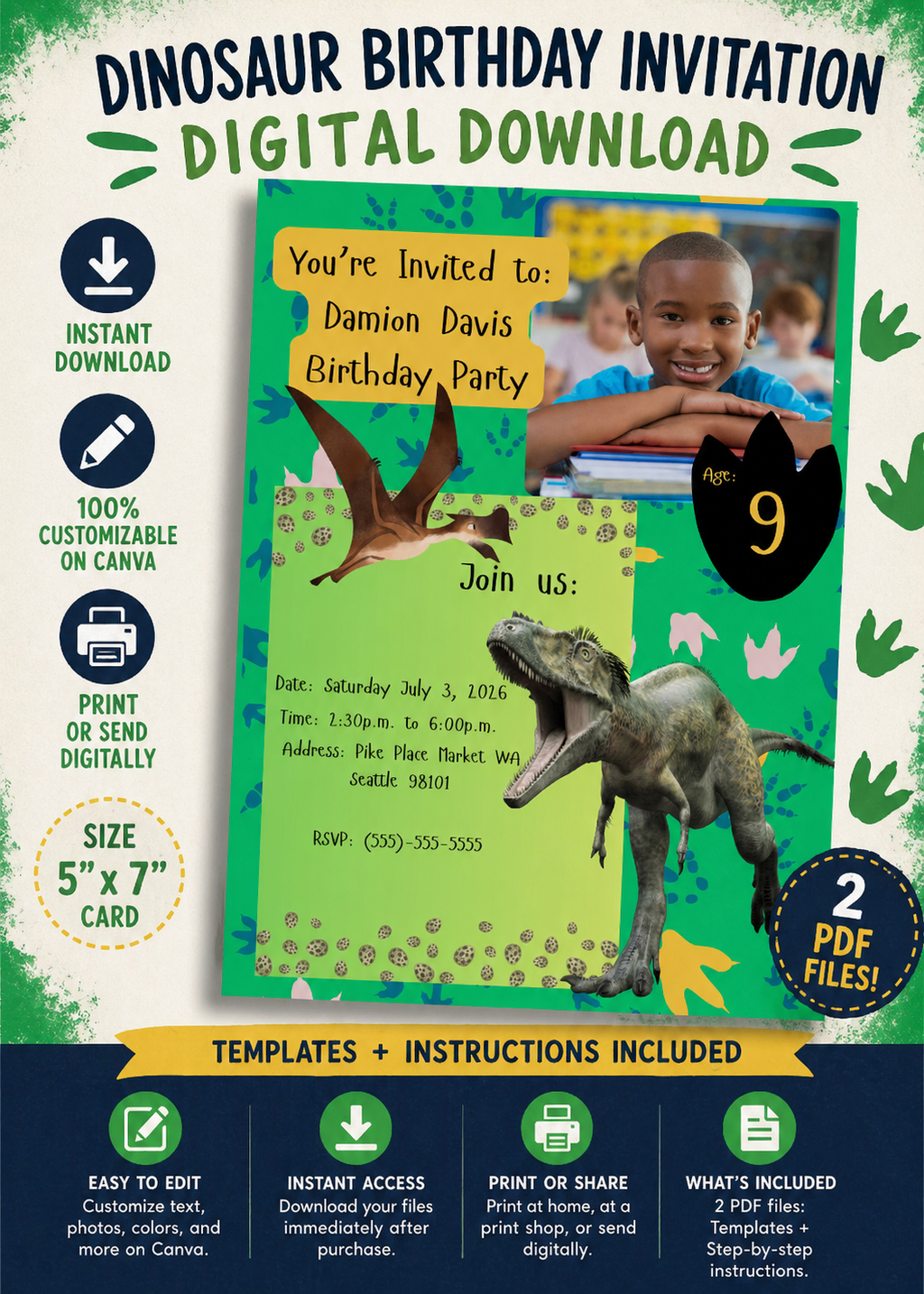 Dinosaur Birthday Party Invitation – Customizable 5x7