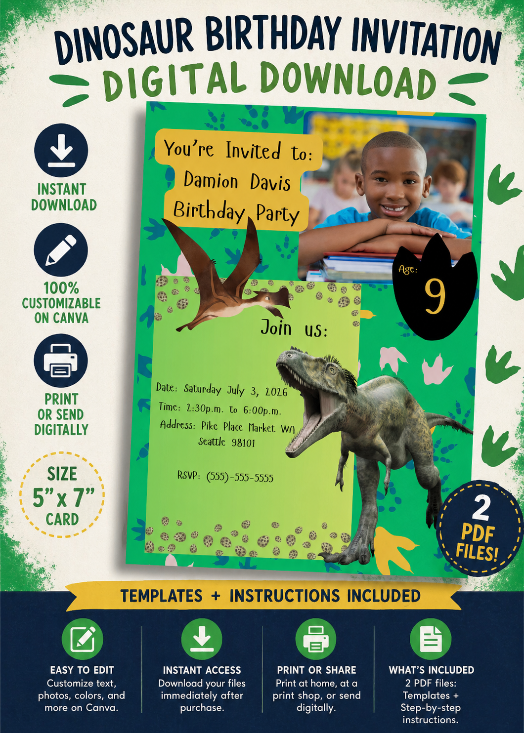 Dinosaur Birthday Party Invitation – Customizable 5x7